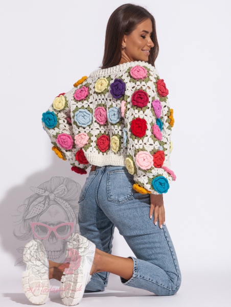 Sweter handmade Flowers3D ecru