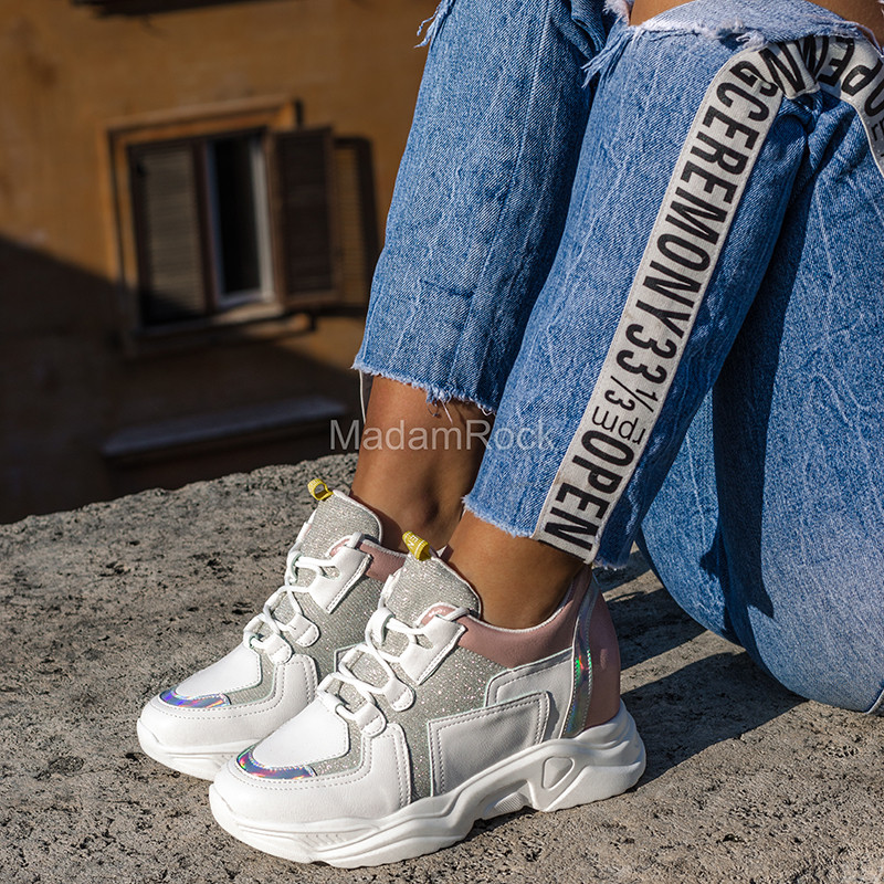 Sneakersy koturny Lady Metalic białe