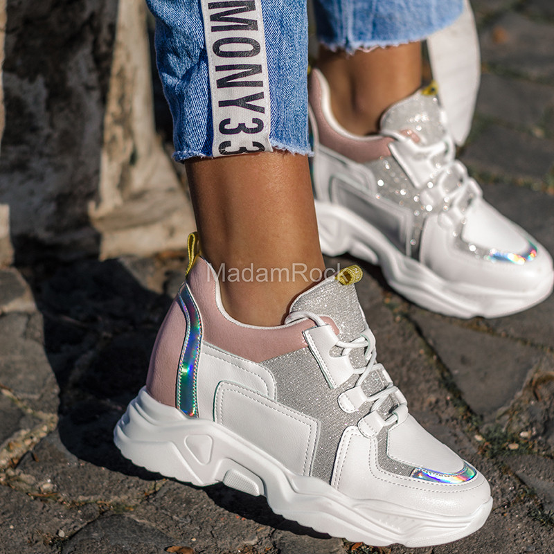 Sneakersy koturny Lady Metalic białe