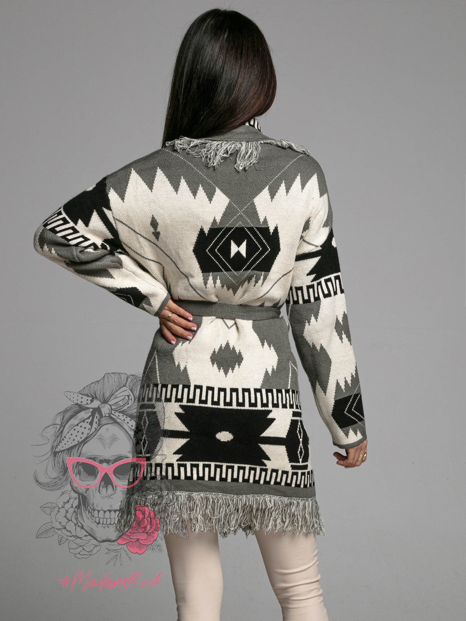 Kardigan z frędzlami Azteko oliwkowy Kardigan z frędzlami Azteko oliwkowy