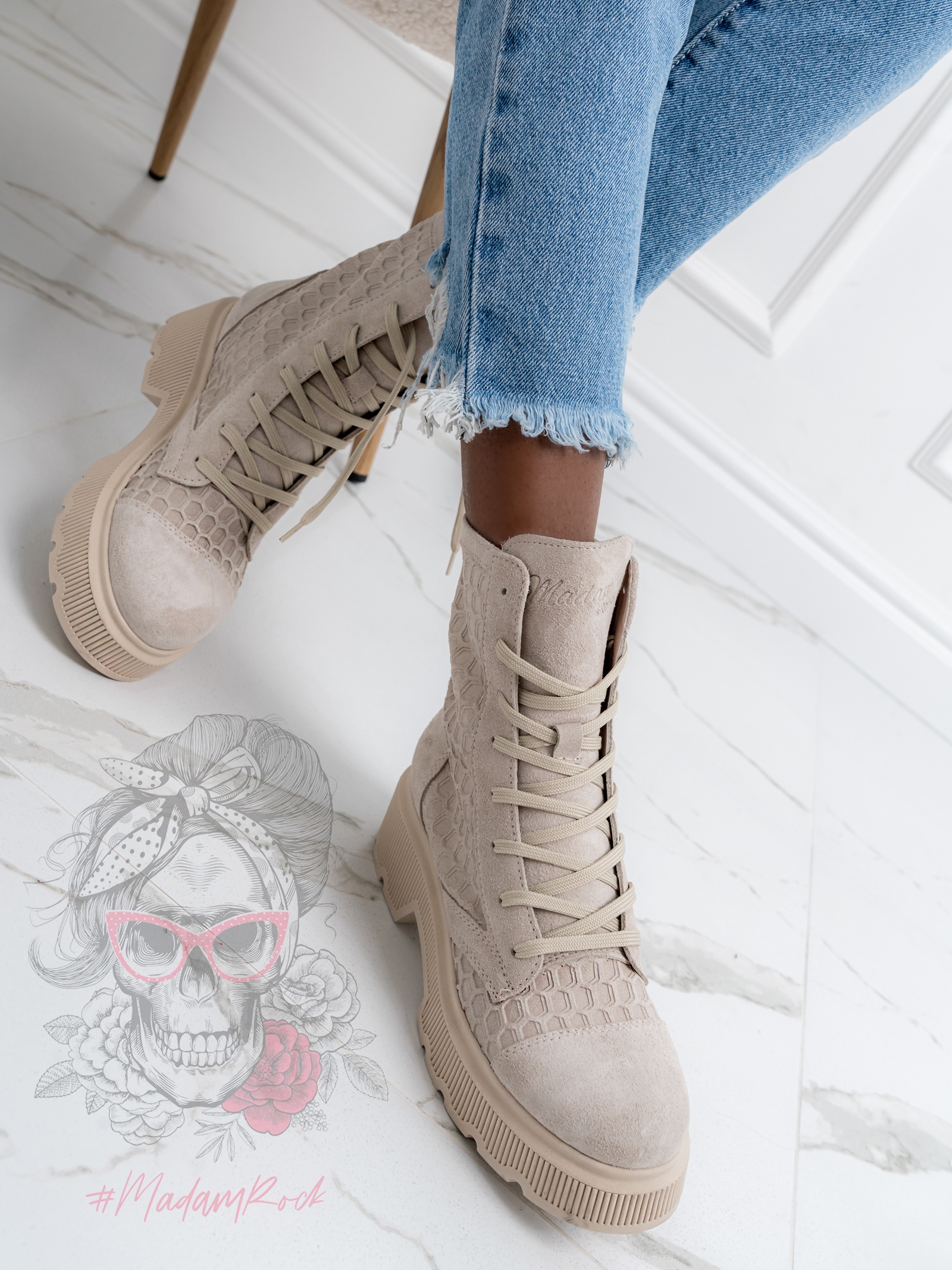 Workery skórzane Madam Comb beżowe