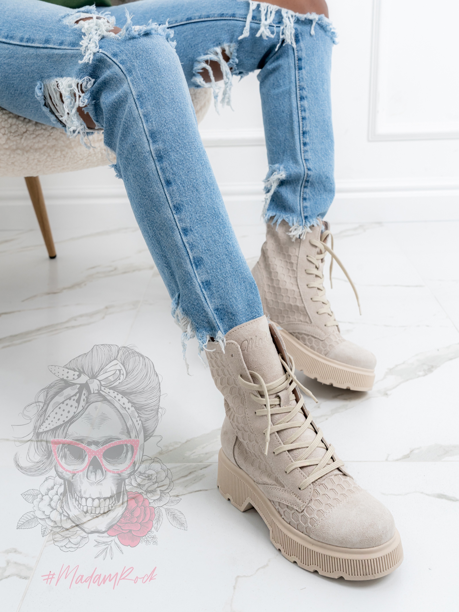 Workery skórzane Madam Comb beżowe