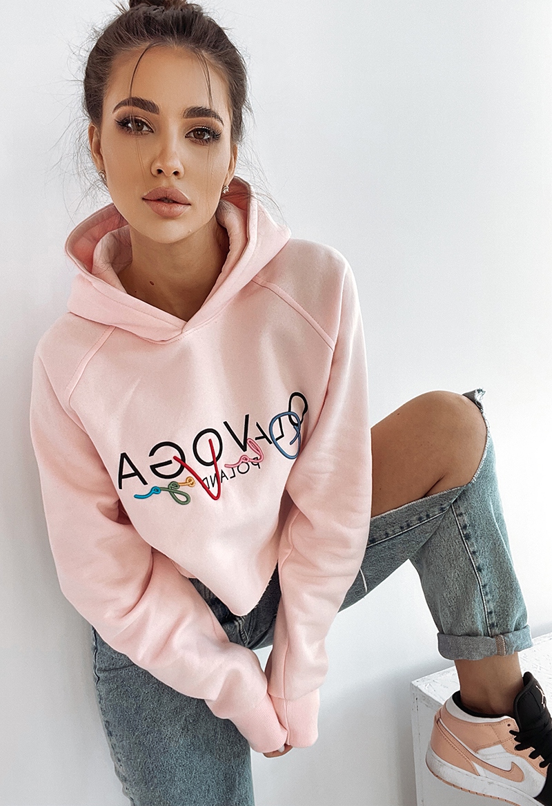 Bluza bawełniana z kapturem Colorful pudrowa