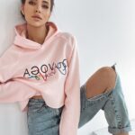 Bluza bawełniana z kapturem Colorful pudrowa