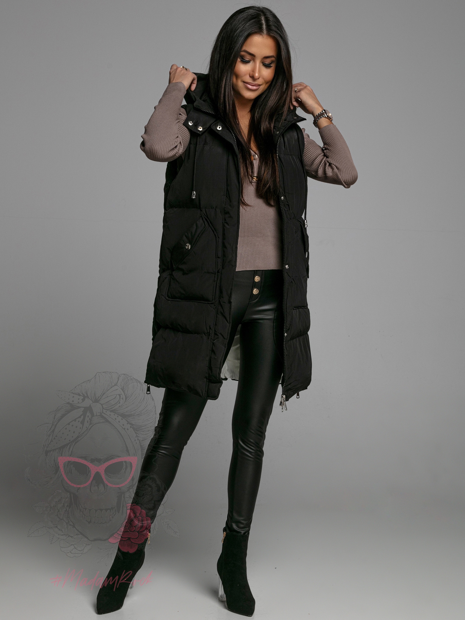 Kamizelka pikowana długa Check czarna