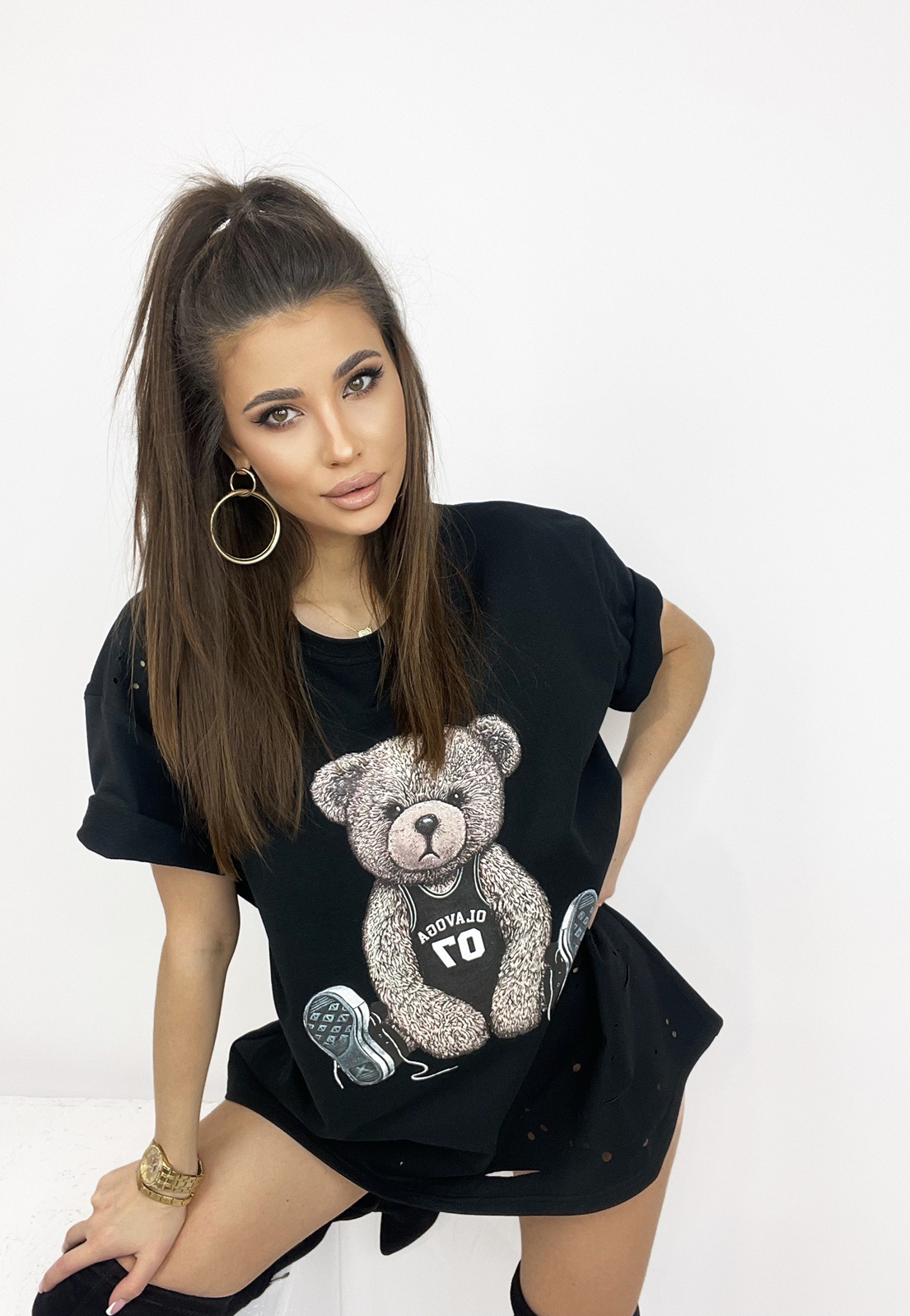 T-shirt bawełniany oversize Cool Bear czarny