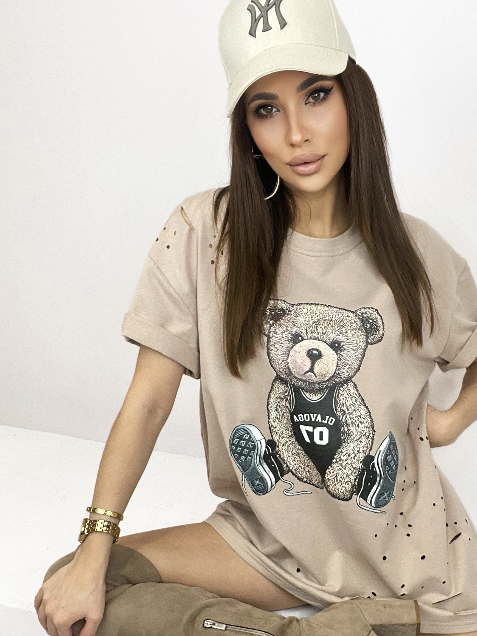 T-shirt bawełniany oversize Cool Bear beżowy