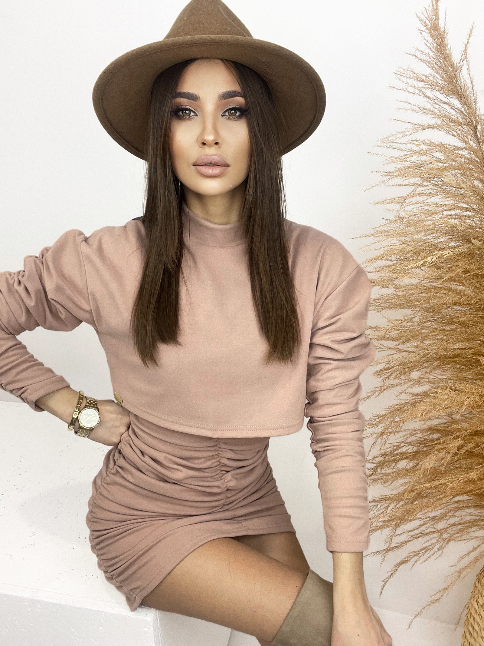 Komplet sukienka + bluza Ruff pudrowy