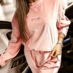 Komplet welurowy Logo Stripe Woman pudrowy