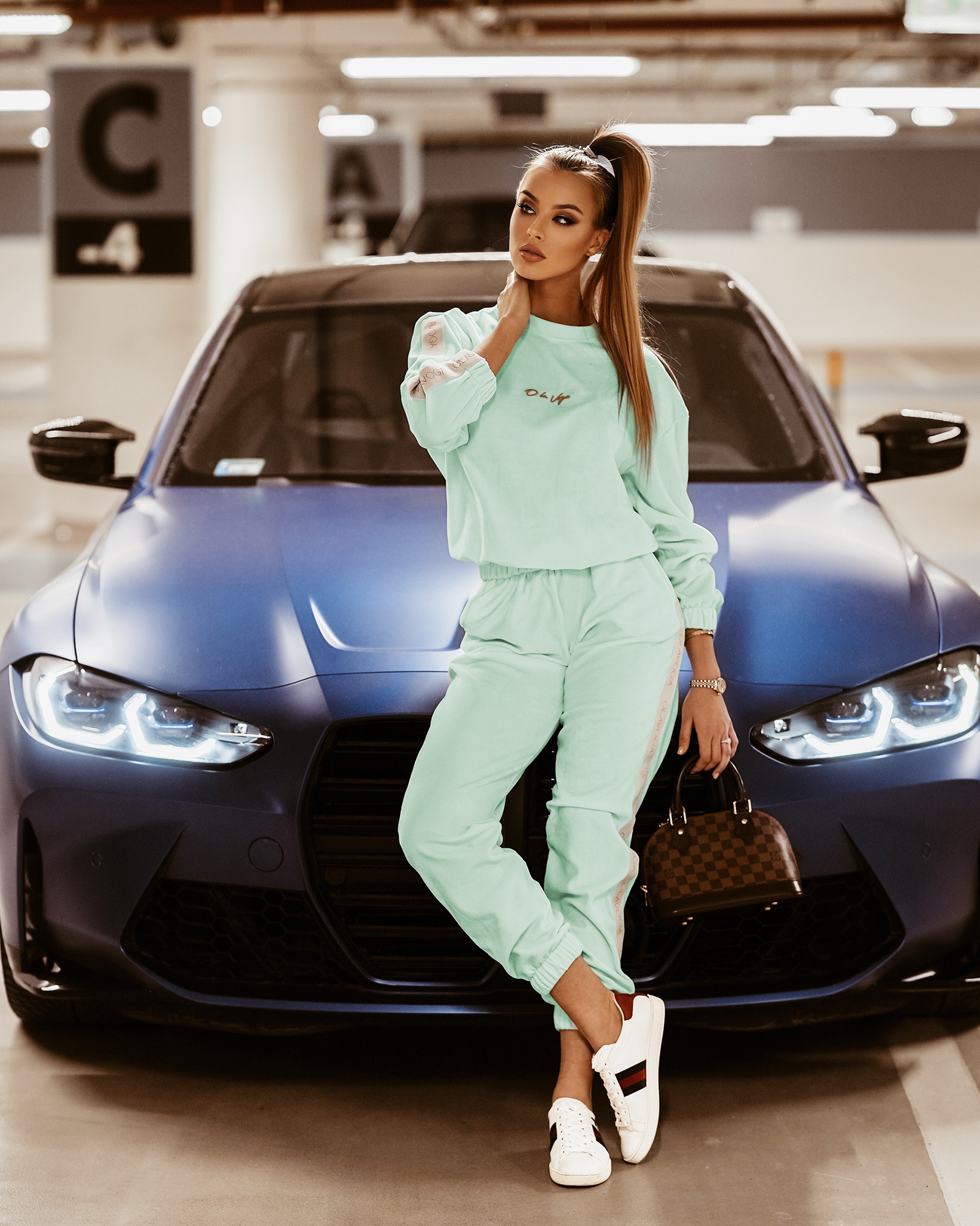 Komplet welurowy Logo Stripe Woman miętowy