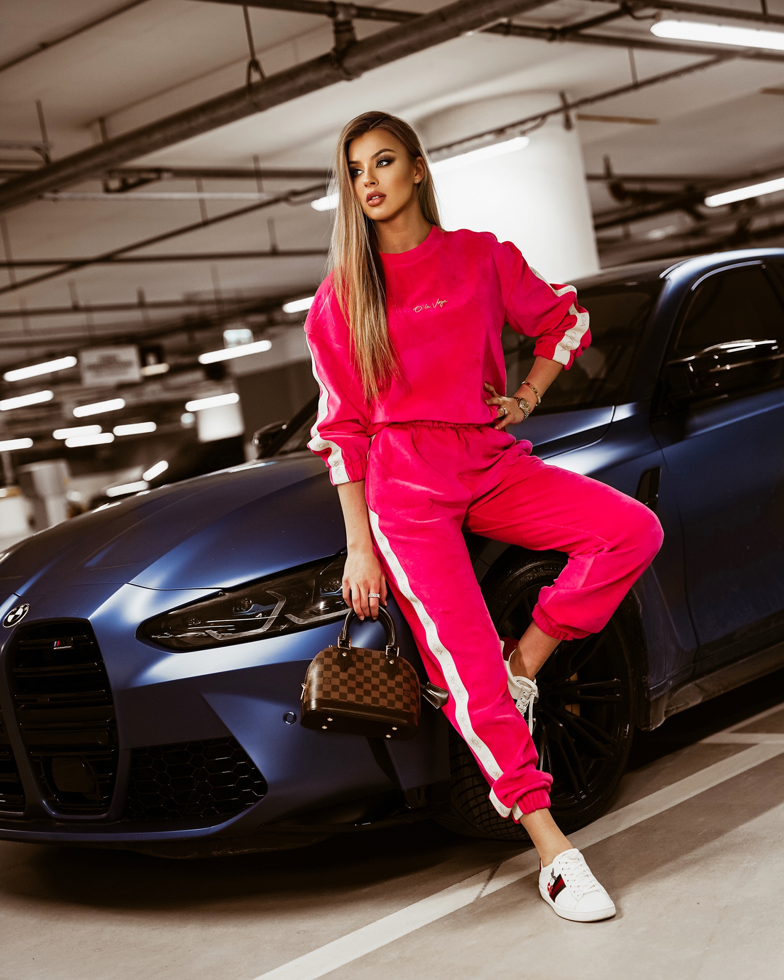 Komplet welurowy Logo Stripe Woman amarantowy