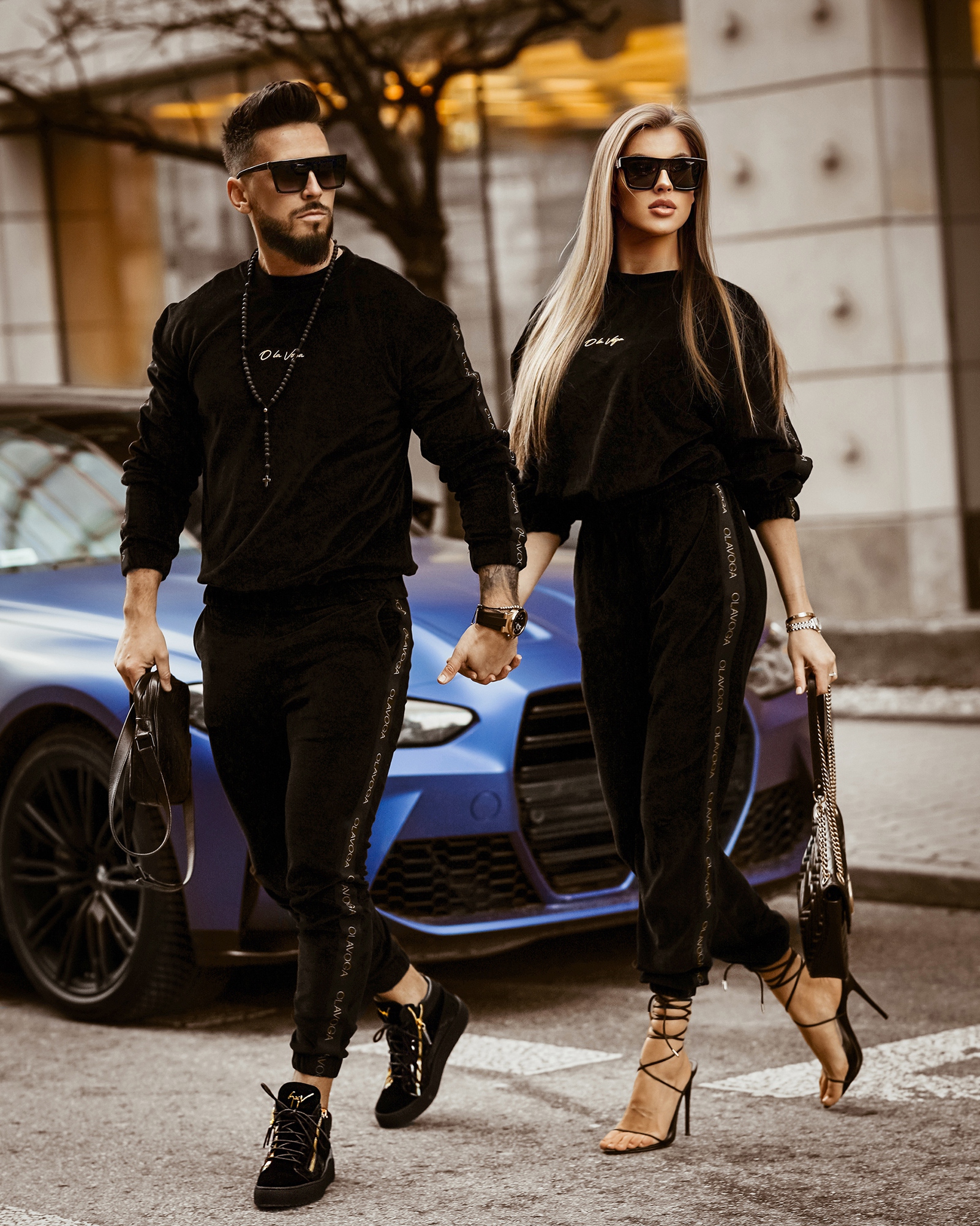 - WYPRZEDANE - Komplet męski welurowy Logo Stripe Man czarny