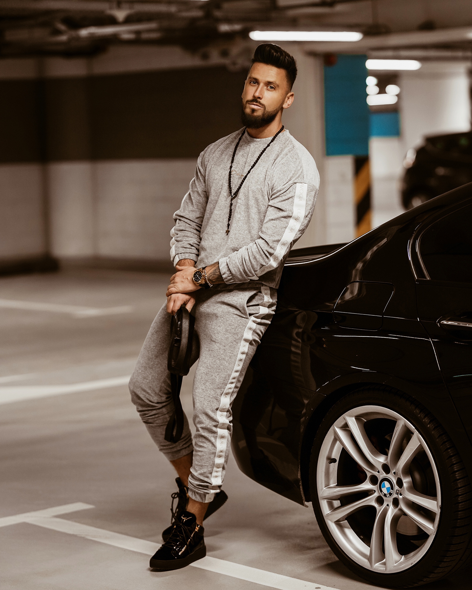 Komplet męski welurowy Logo Stripe Man szary