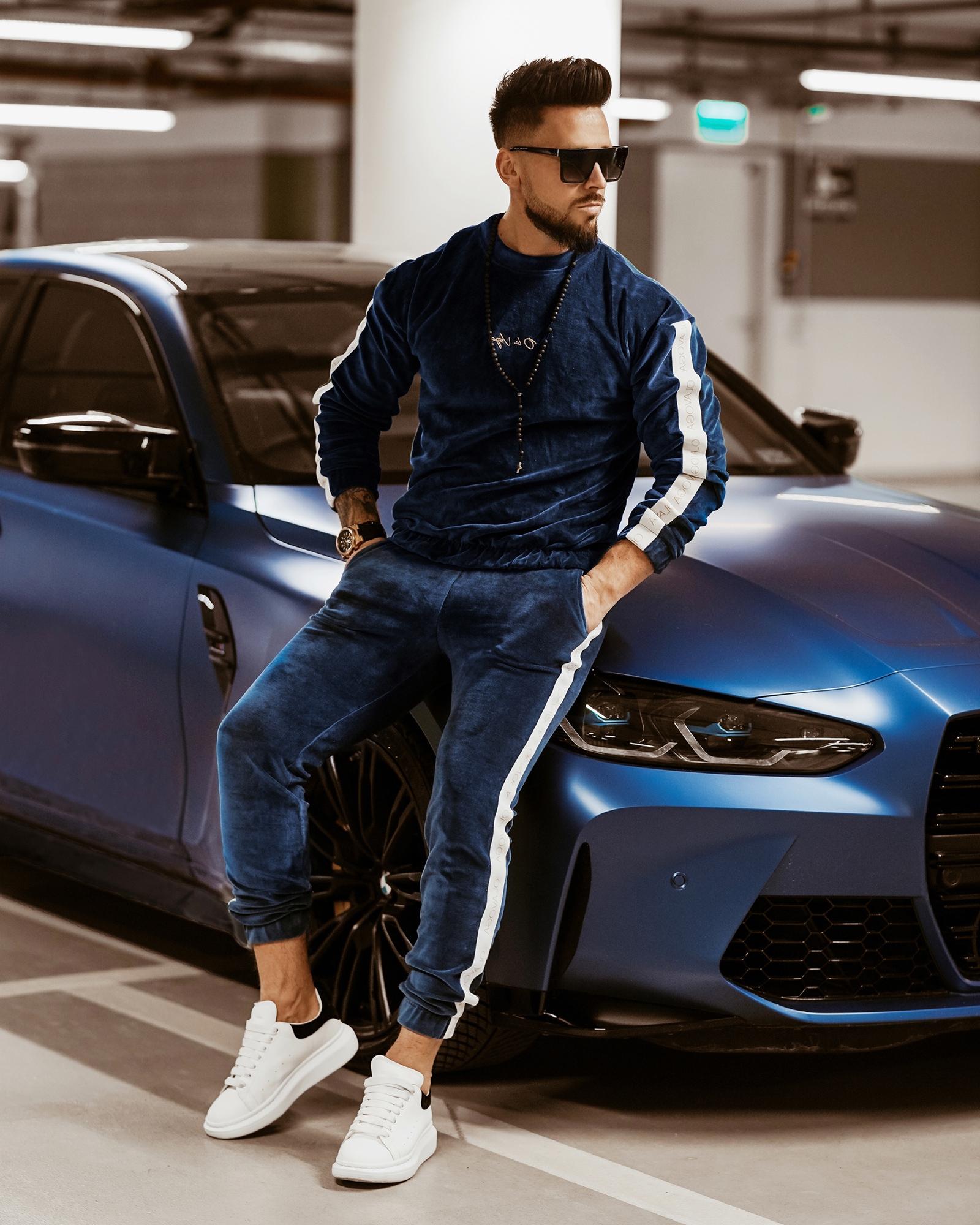 Komplet męski welurowy Logo Stripe Man indygo