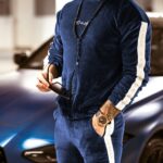 Komplet męski welurowy Logo Stripe Man indygo