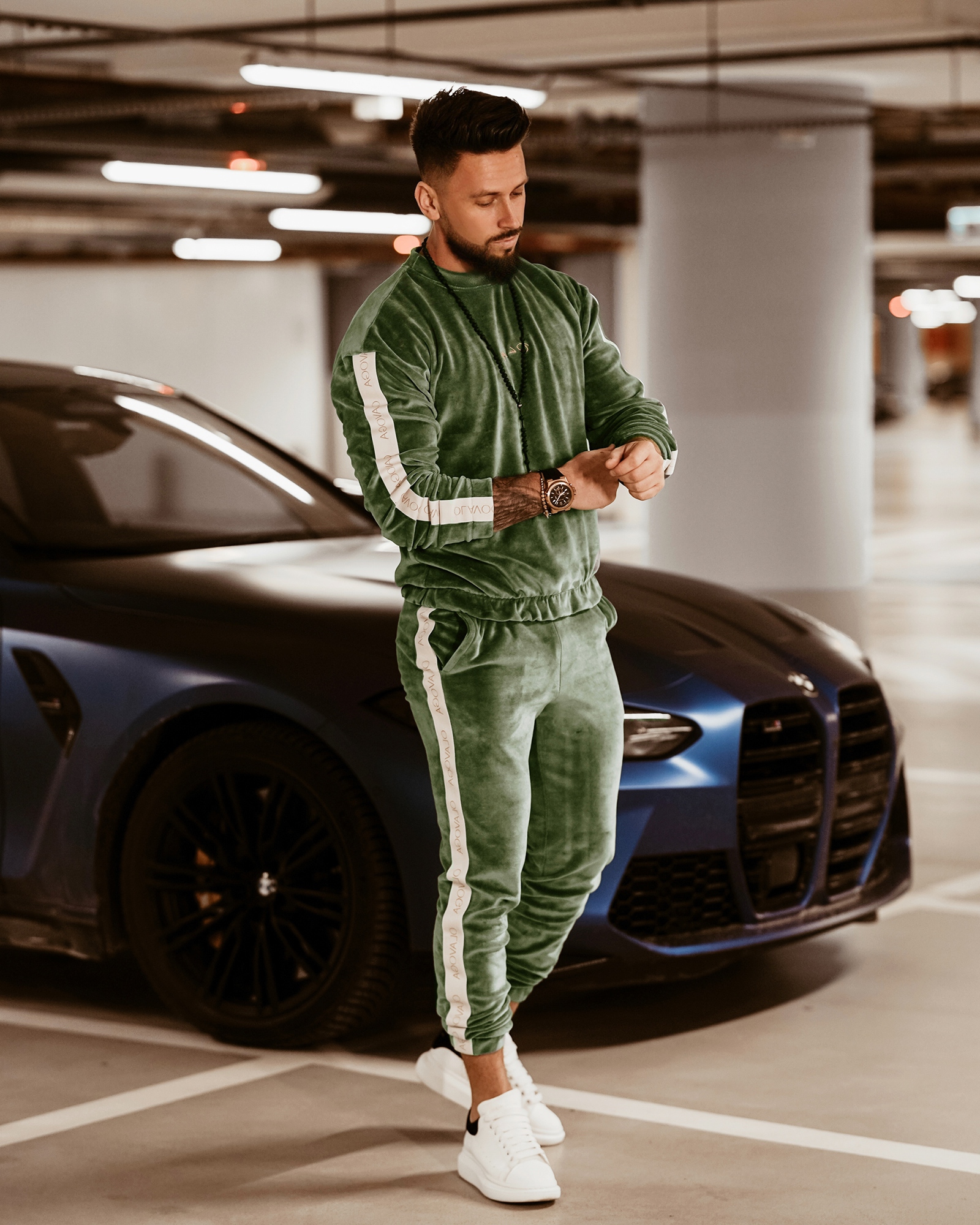 Komplet męski welurowy Logo Stripe Man zielony