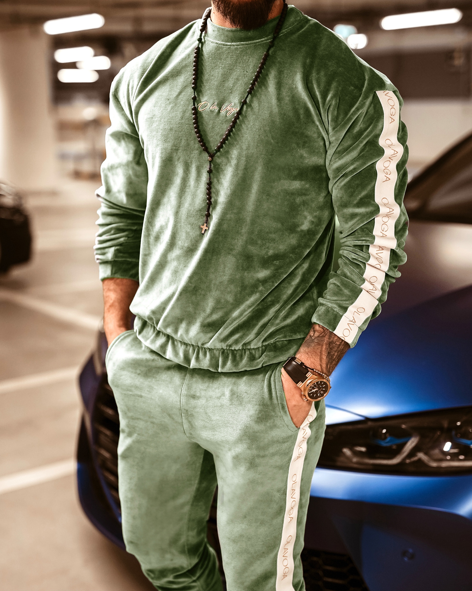 Komplet męski welurowy Logo Stripe Man zielony Komplet męski welurowy Logo Stripe Man zielony