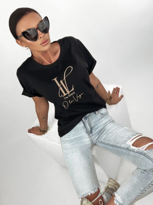 T-shirt bawełniany z nadrukiem Brand czarny