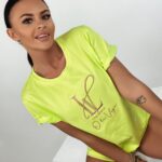 T-shirt bawełniany z nadrukiem Brand limonkowy