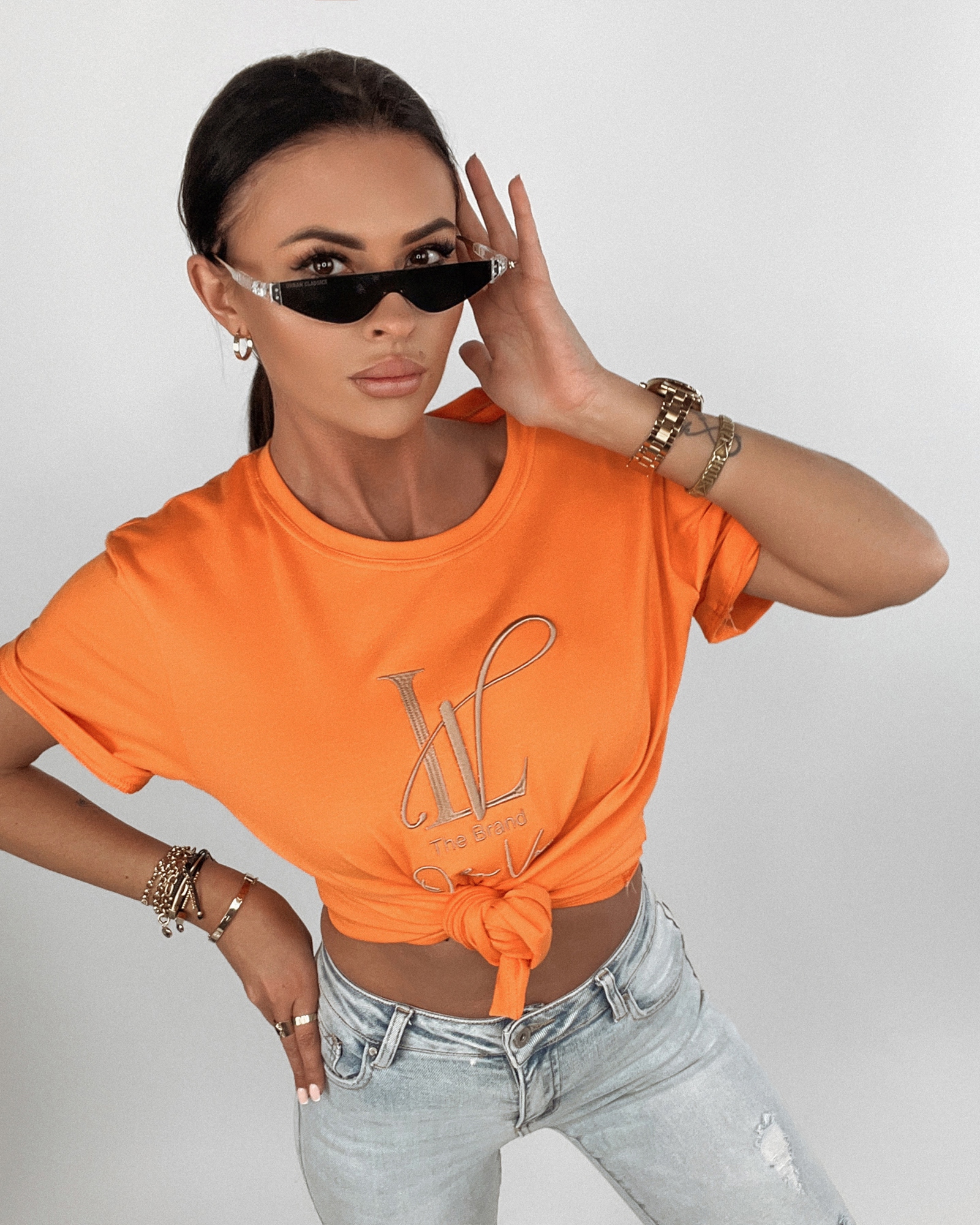 T-shirt bawełniany z nadrukiem Brand pomarańczowy