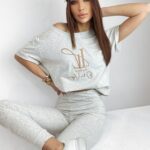 T-shirt bawełniany z nadrukiem Brand szary melanż