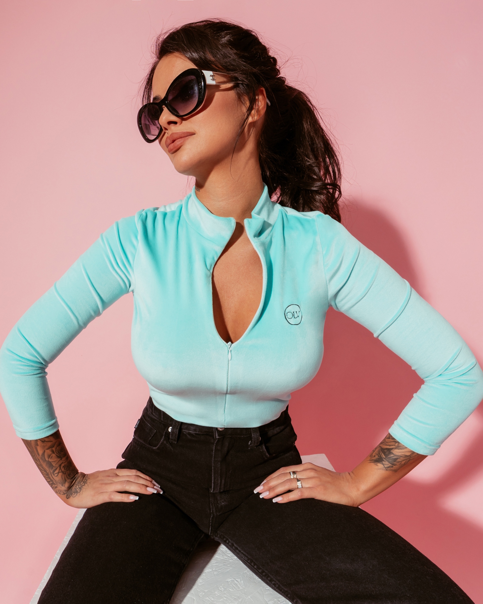 Body welurowe z zipem Alania turkusowe