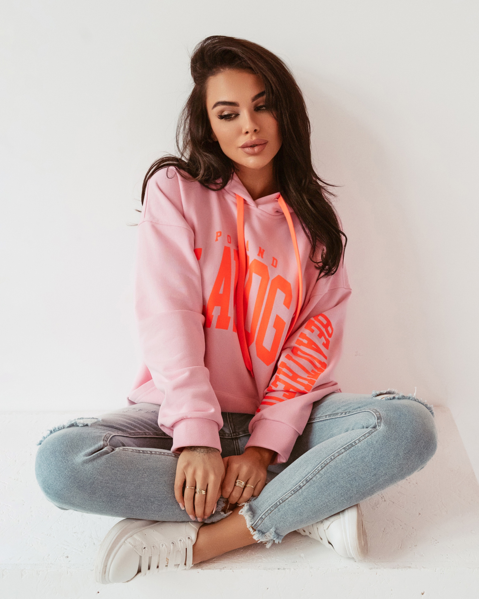 Bluza oversize z kapturem Big Olv pudrowa