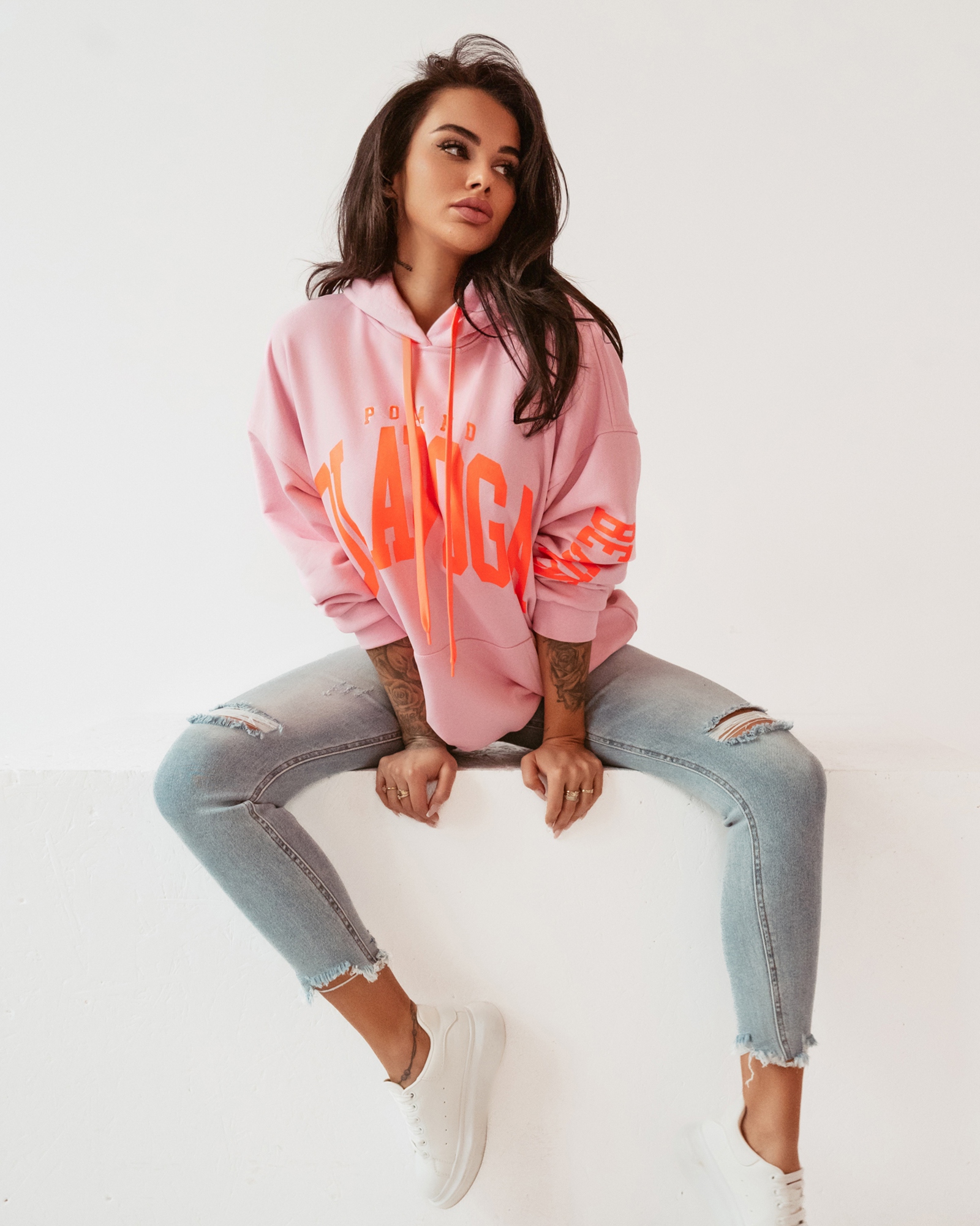 Bluza oversize z kapturem Big Olv pudrowa