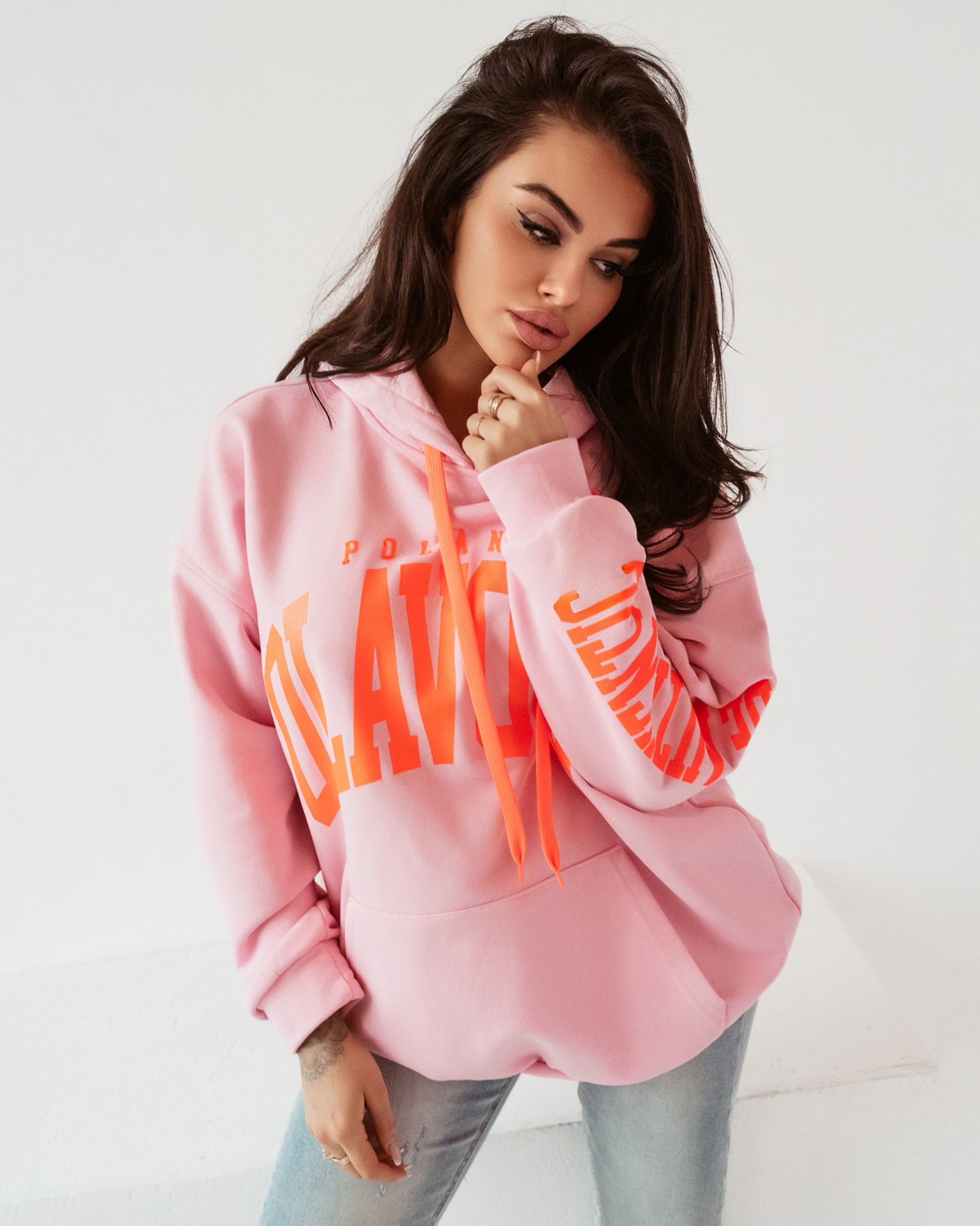 Bluza oversize z kapturem Big Olv pudrowa