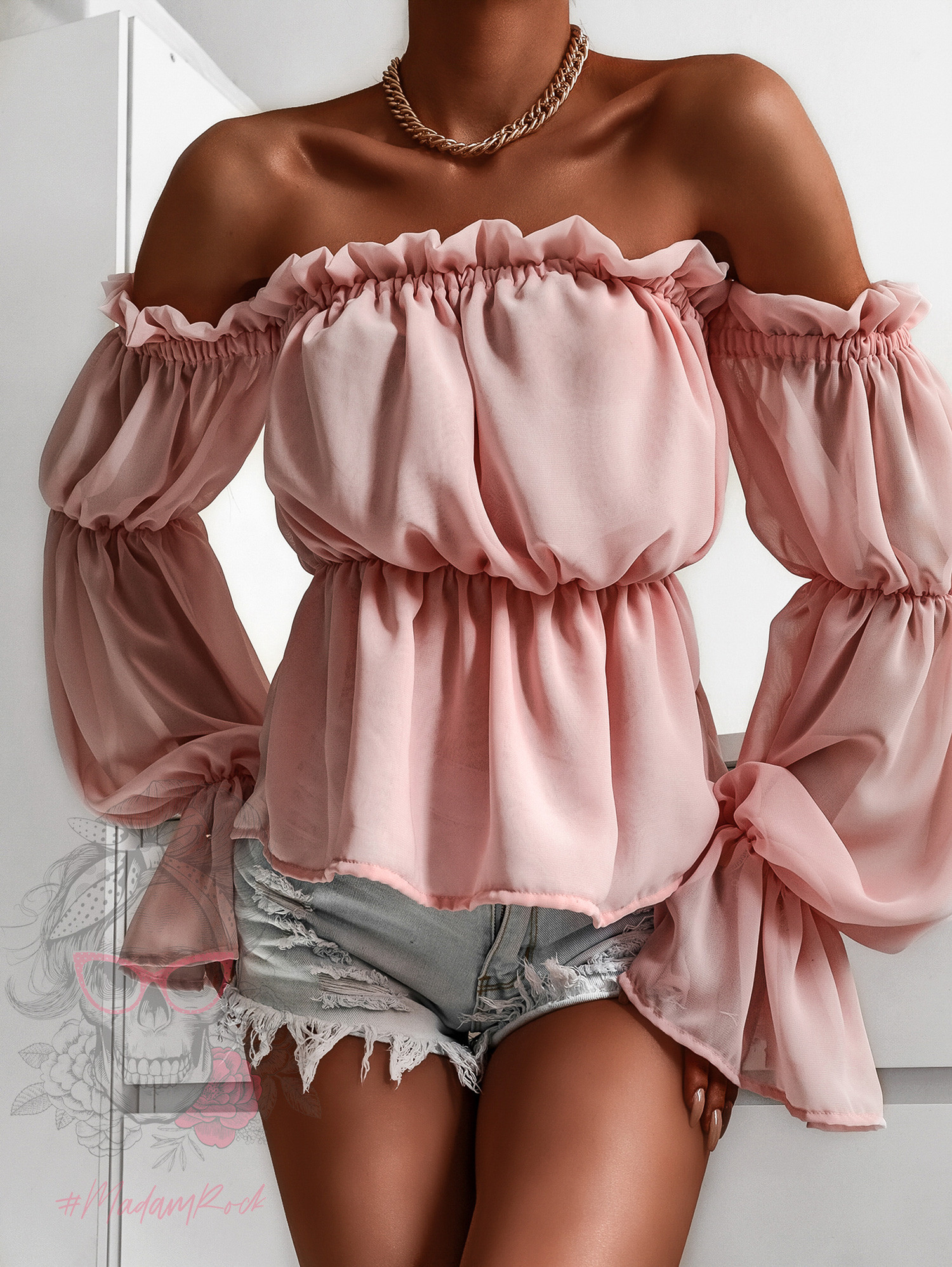 Bluzka szyfonowa marszczona NB Cali pudrowa