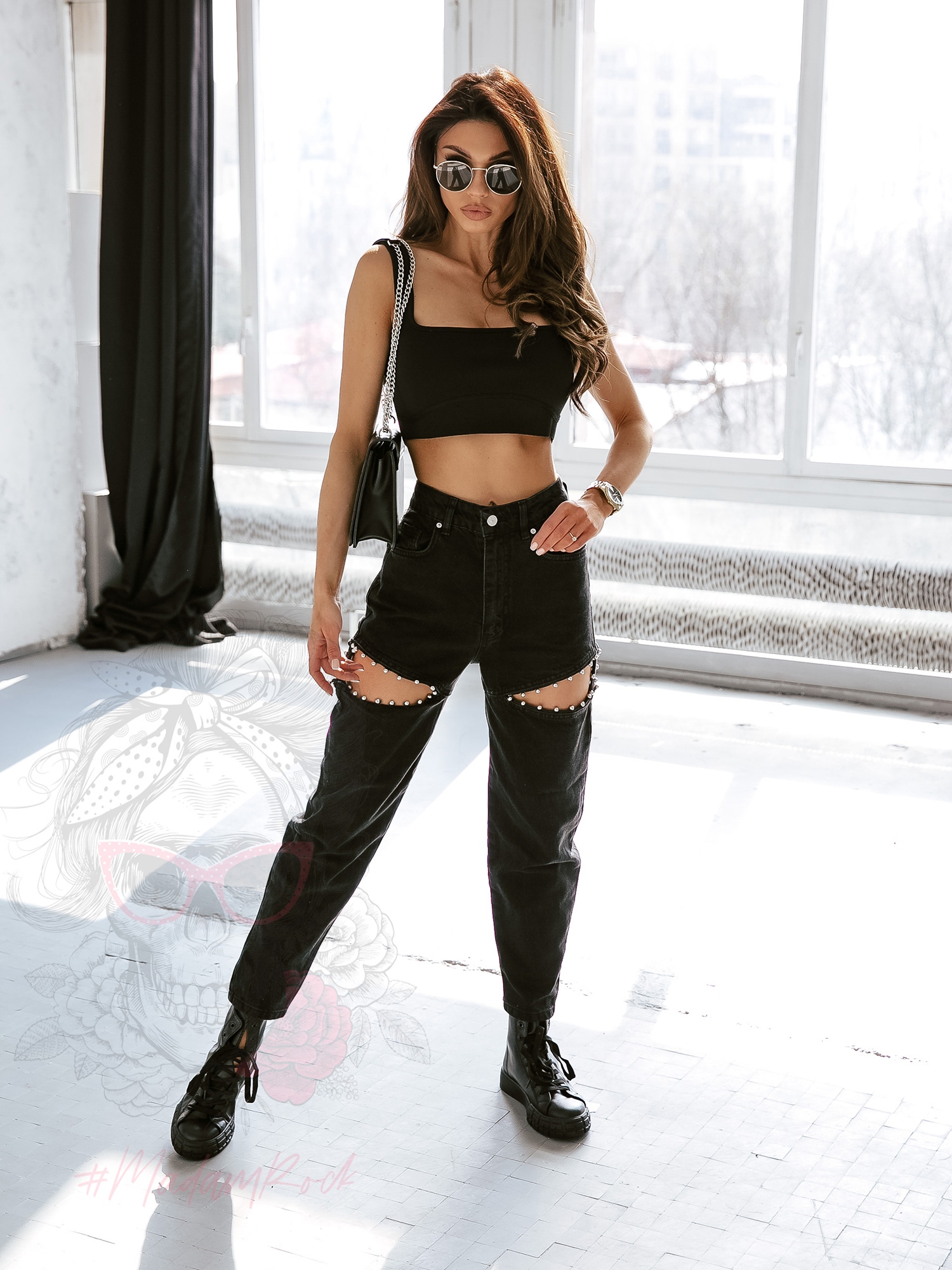 Spodnie jeansowe z wycięciami Sund Grey czarne Spodnie jeansowe z wycięciami Sund Grey czarne