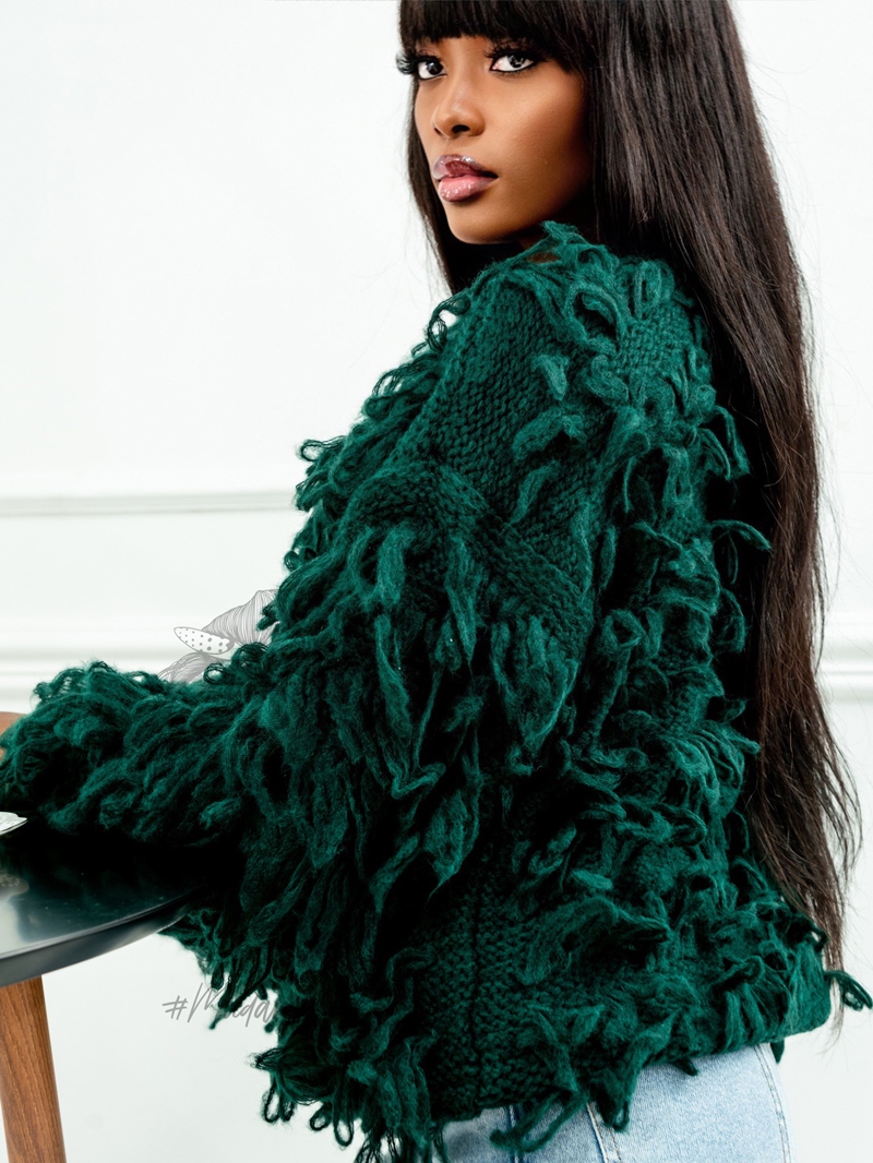 Sweter z frędzlami Marshi Butelkowa zieleń