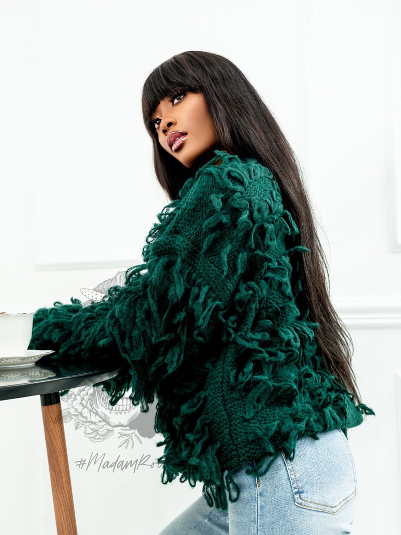 Sweter z frędzlami Marshi Butelkowa zieleń