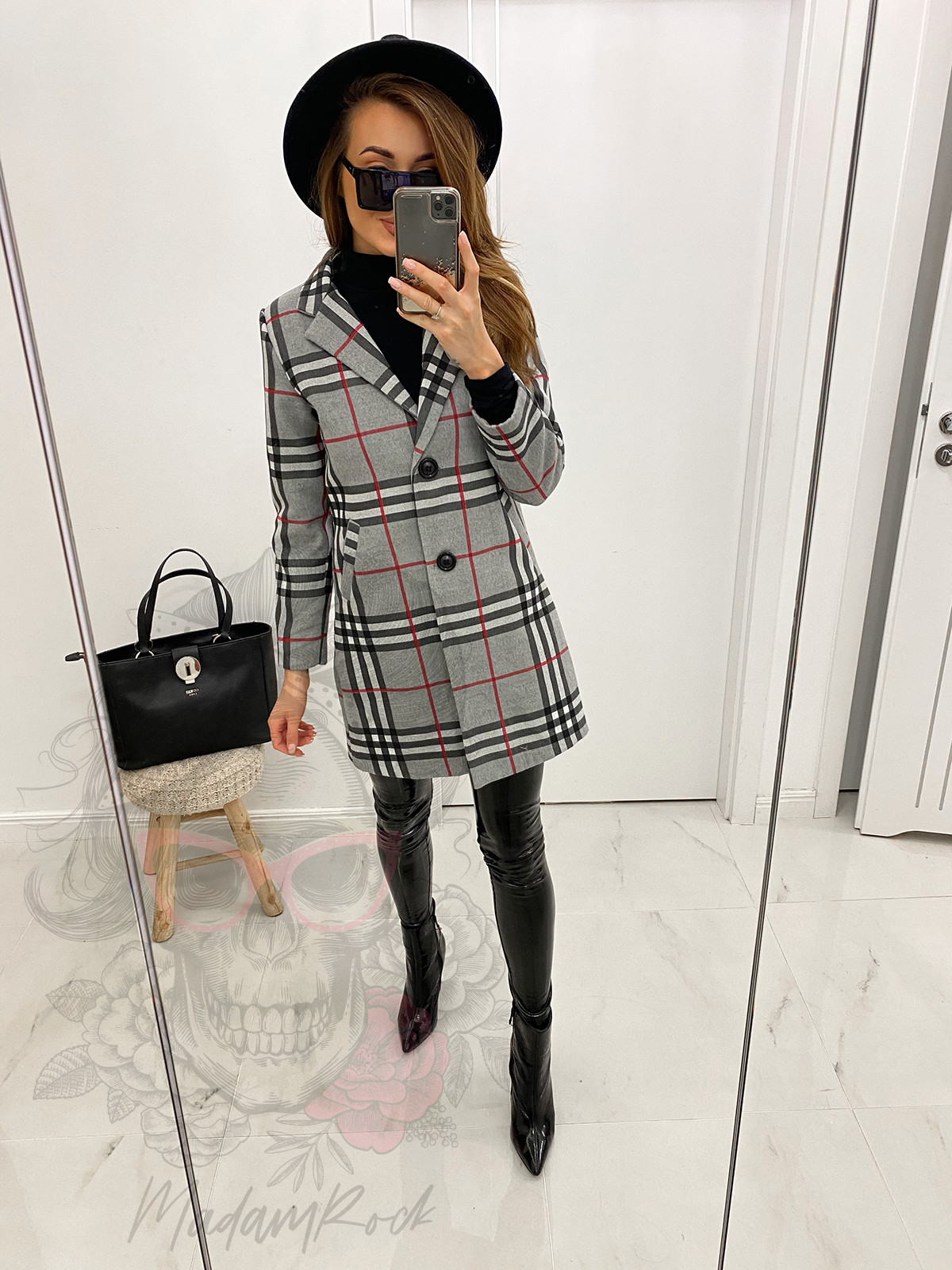 Płaszcz flauszowy w kratę Berro mid szary Płaszcz flauszowy w kratę Berro mid szary