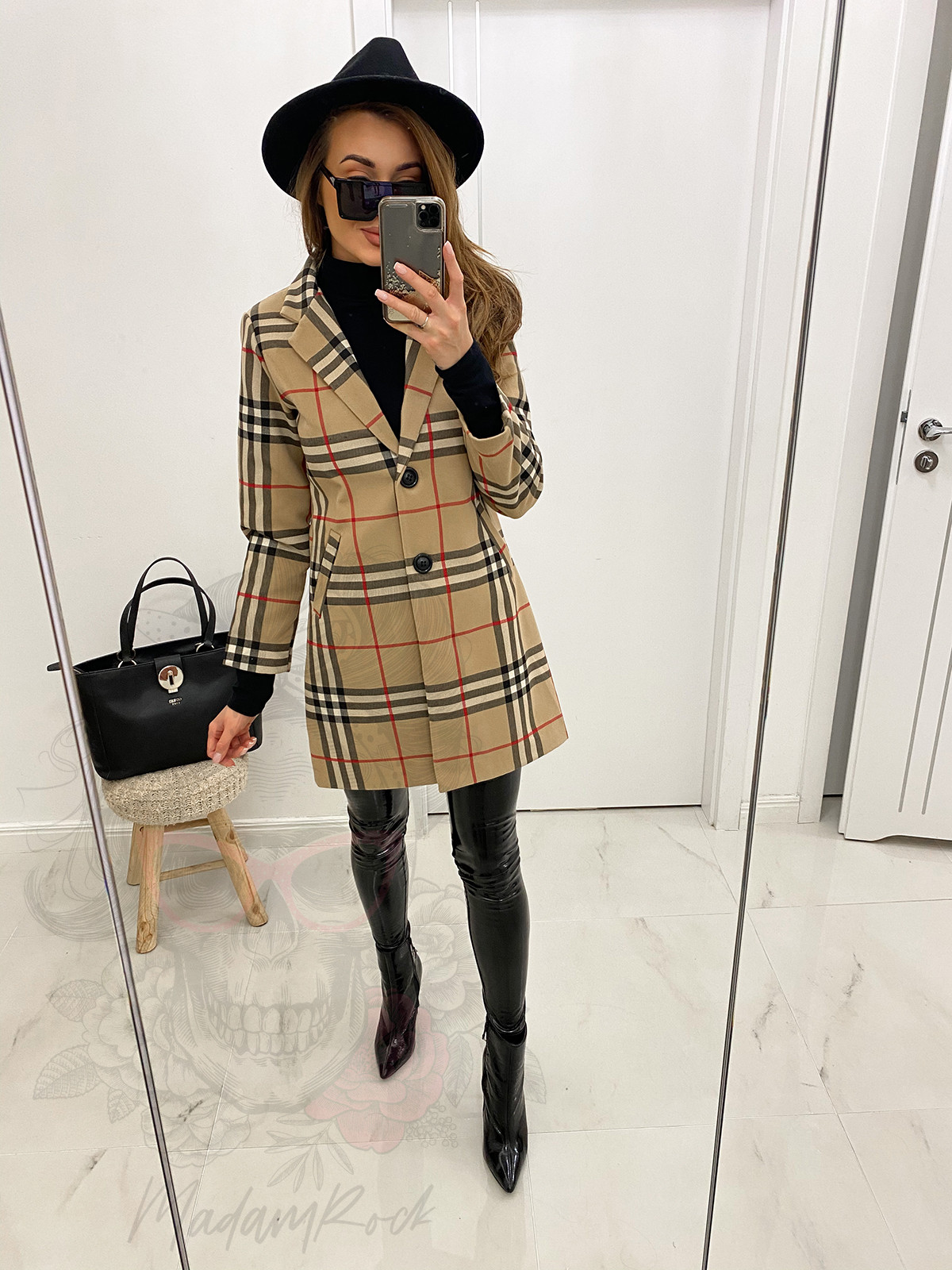 Płaszcz flauszowy w kratę Berro mid karmelowy