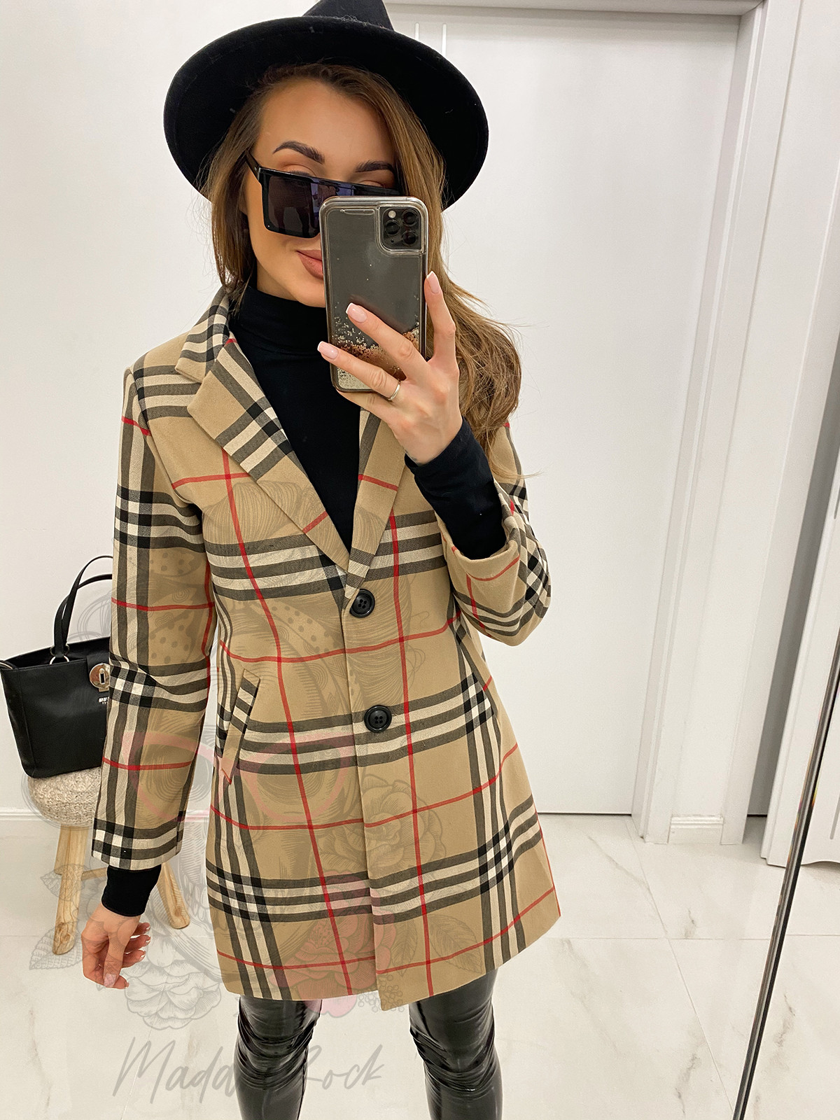 Płaszcz flauszowy w kratę Berro mid karmelowy