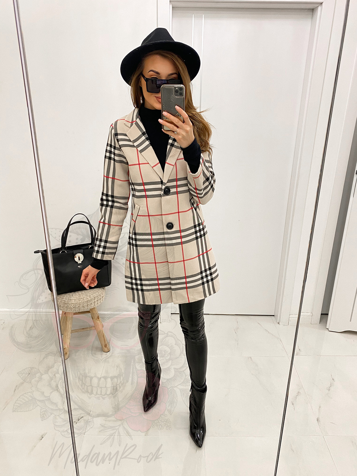 Płaszcz flauszowy w kratę Berro mid beżowy Płaszcz flauszowy w kratę Berro mid beżowy