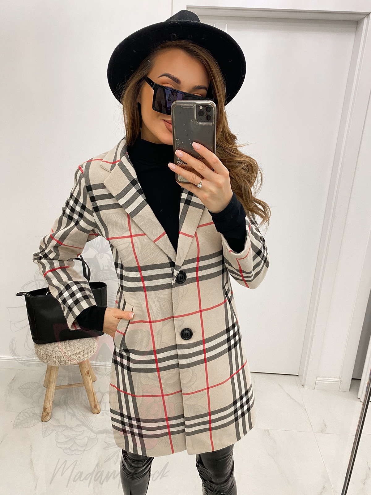 Płaszcz flauszowy w kratę Berro mid beżowy