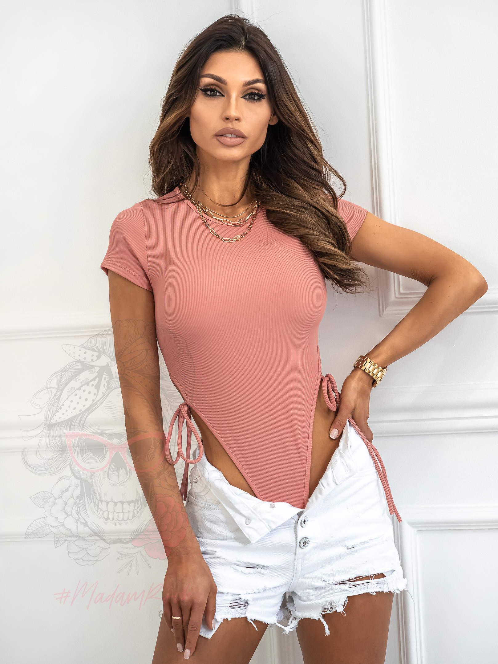 Body z troczkami Madam Monroe brudny róż