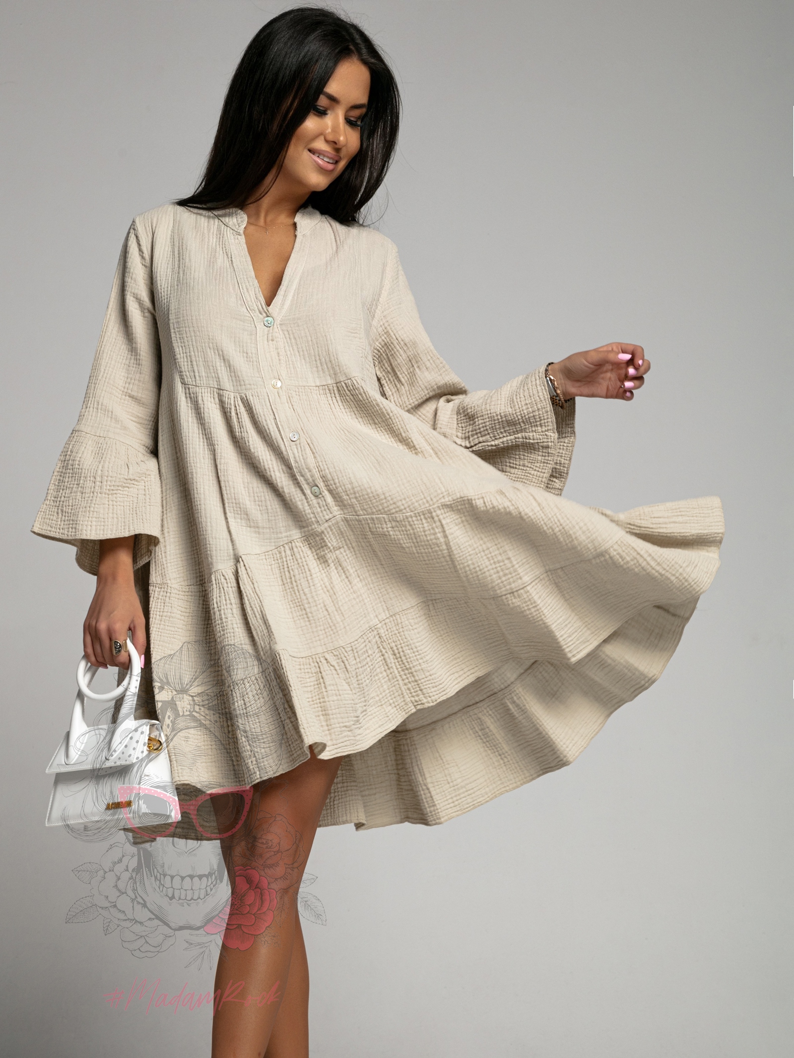 -wyprzedane-Sukienka muślinowa Members beżowa