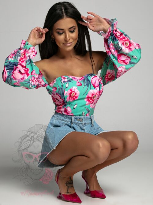 Bluzka hiszpanka Bunga w kwiaty turkusowa