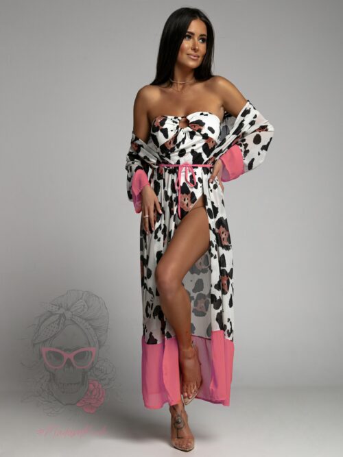 Komplet wakacyjny strój kąpielowy plus narzutka panterka róż