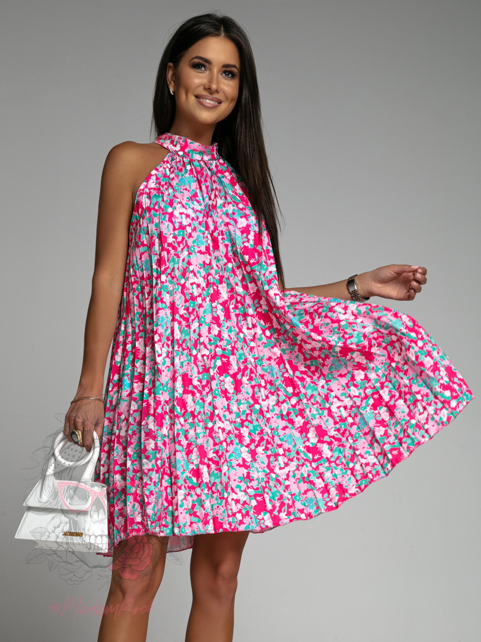 -WYPRZEDANE-Sukienka plisowana Euforia w kwiaty różowo-niebieska