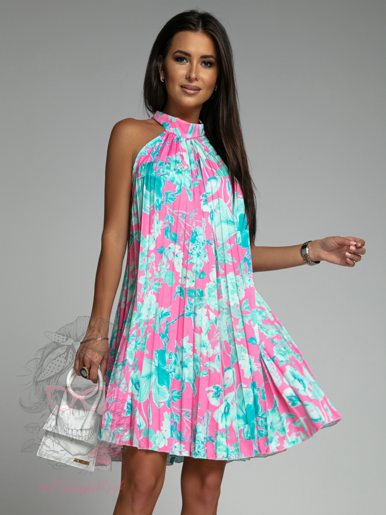 -WYPRZEDANE-Sukienka plisowana Euforia w kwiaty różowo-turkusowa