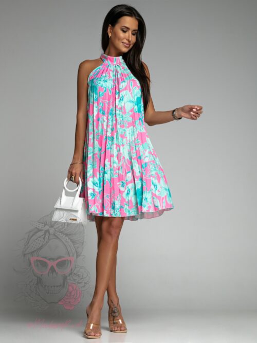 -WYPRZEDANE-Sukienka plisowana Euforia w kwiaty różowo-turkusowa