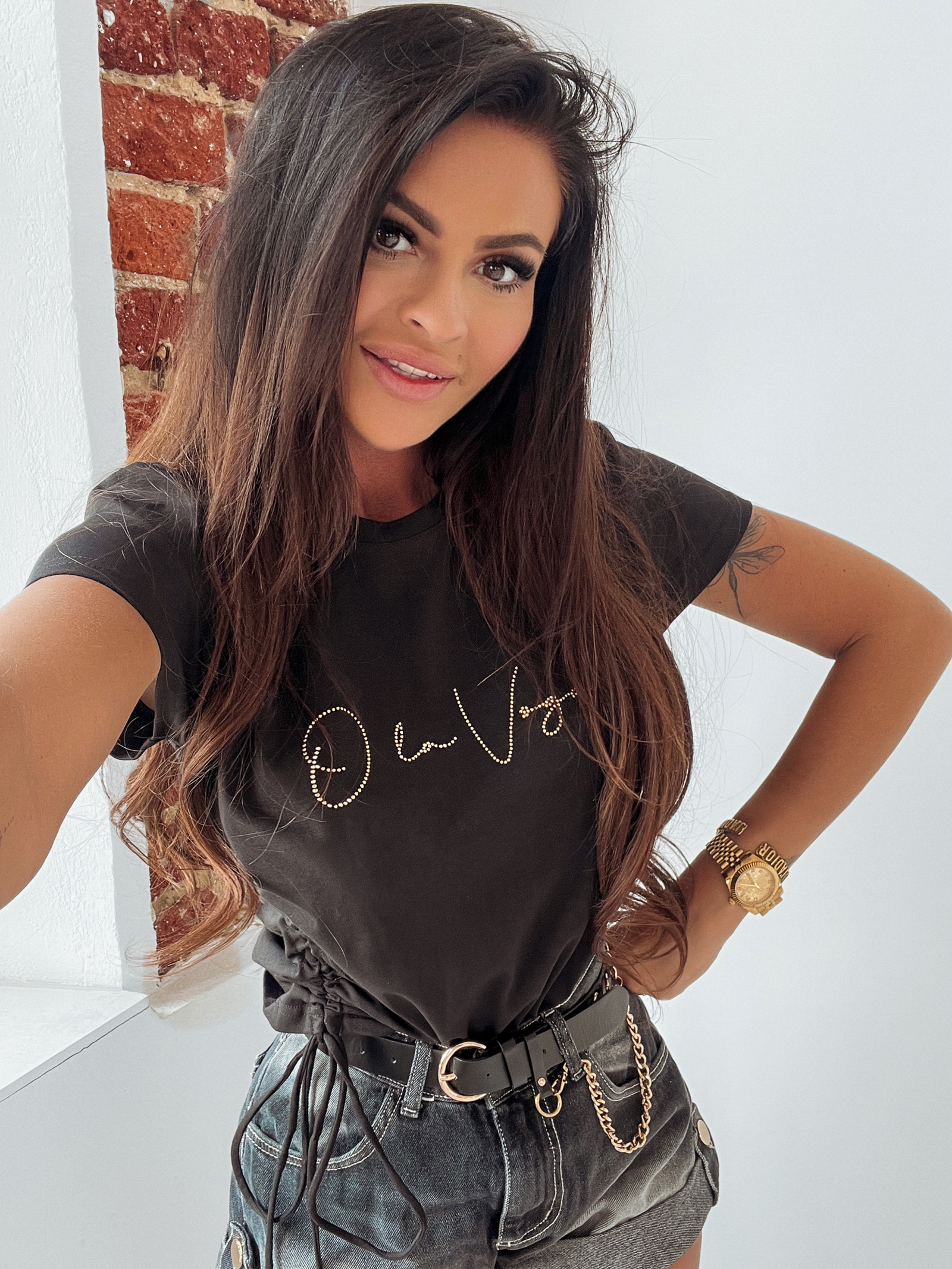 T-shirt bawełniany O'la Voga Gold Dots czarny