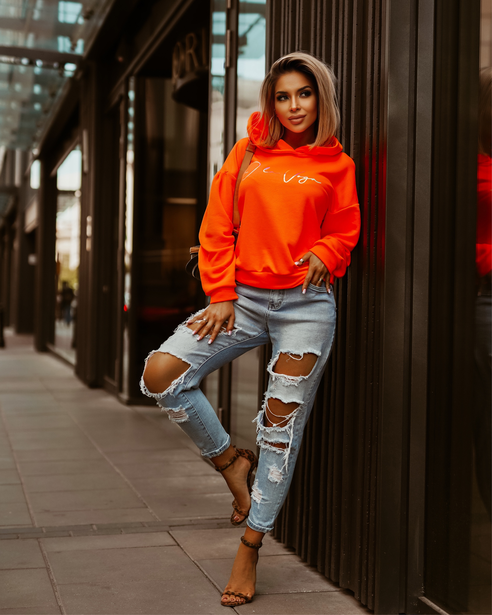 Bluza oversize O'la Voga Logo Fluo neonowa pomarańczowa