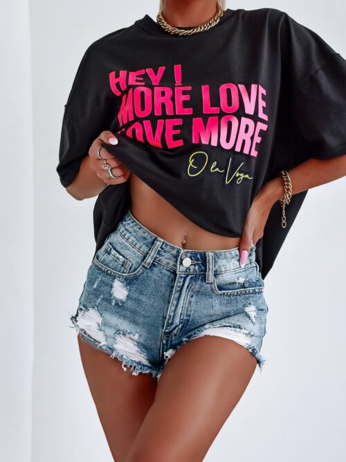 T-shirt oversize Love More O'La Voga czarny vs neonowy róż