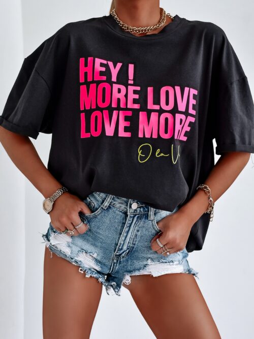 T-shirt oversize Love More O'La Voga czarny vs neonowy róż