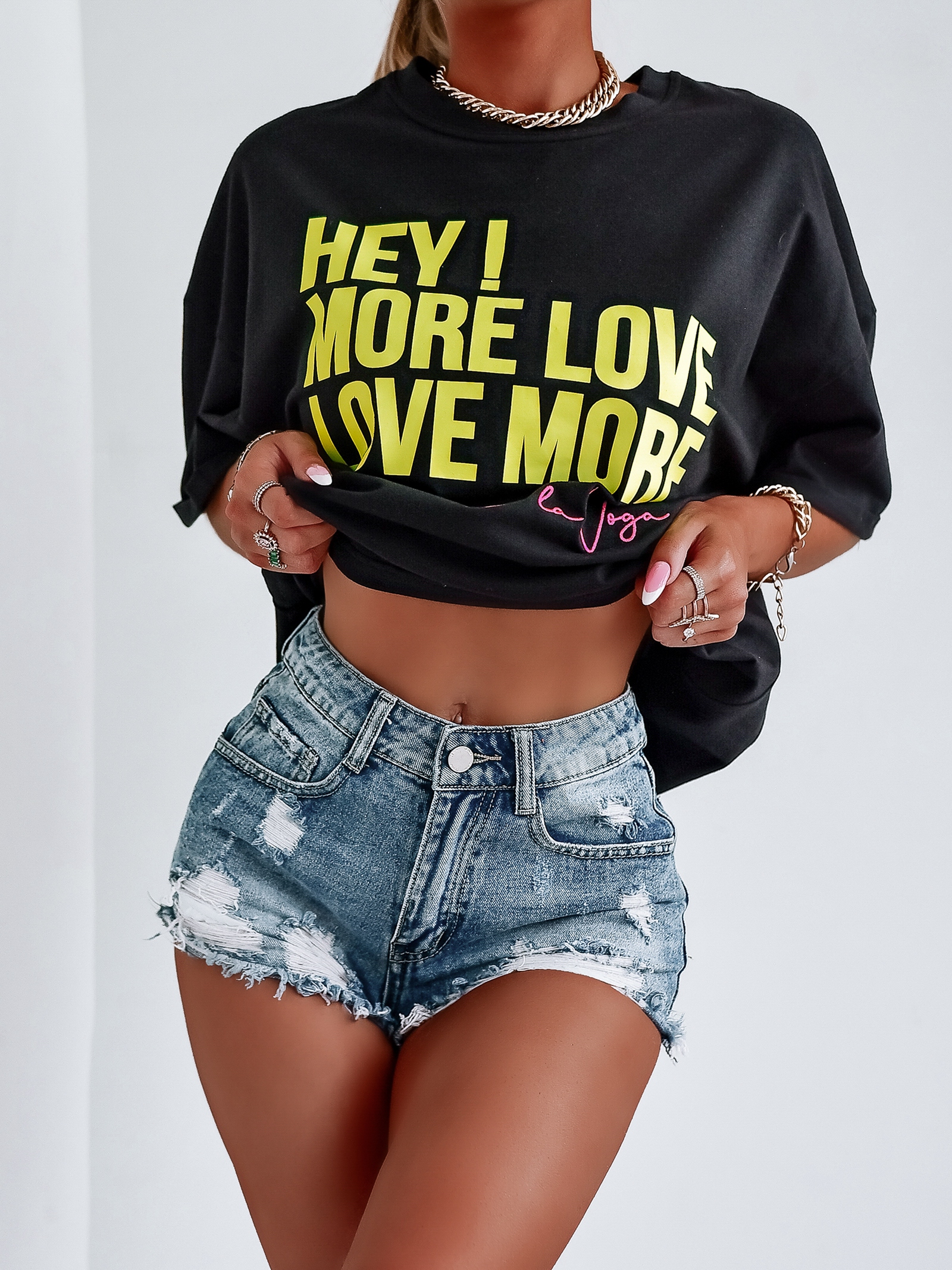 T-shirt oversize Love More O'La Voga czarny vs limonka
